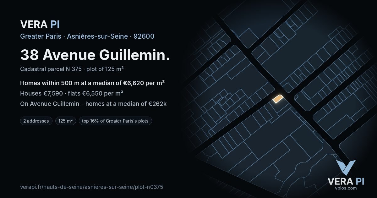 38 Avenue Guillemin, Asnières-sur-Seine at night – the plot lit, the parcels around coloured by the prices near them