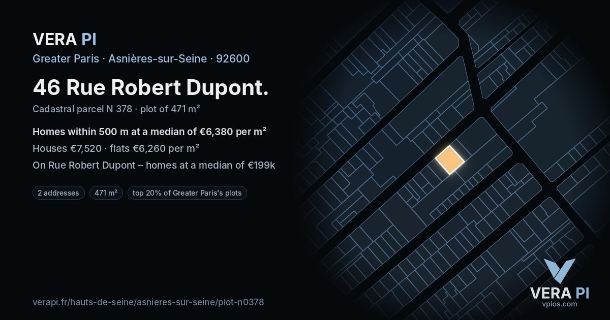 46 Rue Robert Dupont, Asnières-sur-Seine at night – the plot lit, the parcels around coloured by the prices near them