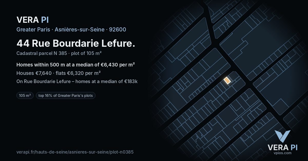 44 Rue Bourdarie Lefure, Asnières-sur-Seine at night – the plot lit, the parcels around coloured by the prices near them