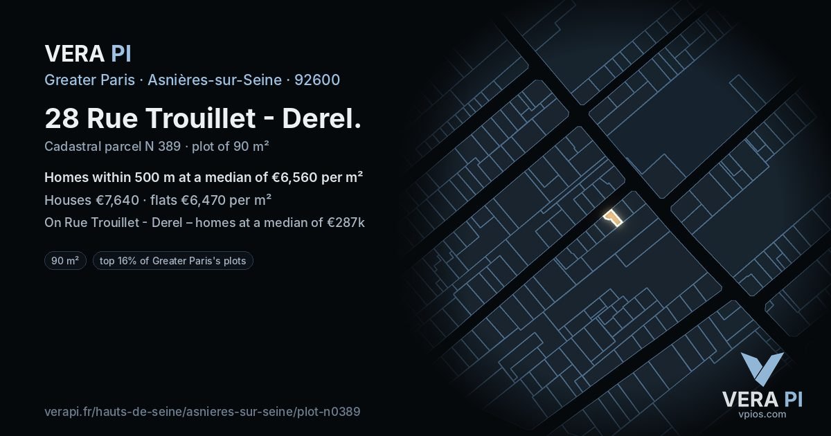 28 Rue Trouillet - Derel, Asnières-sur-Seine at night – the plot lit, the parcels around coloured by the prices near them