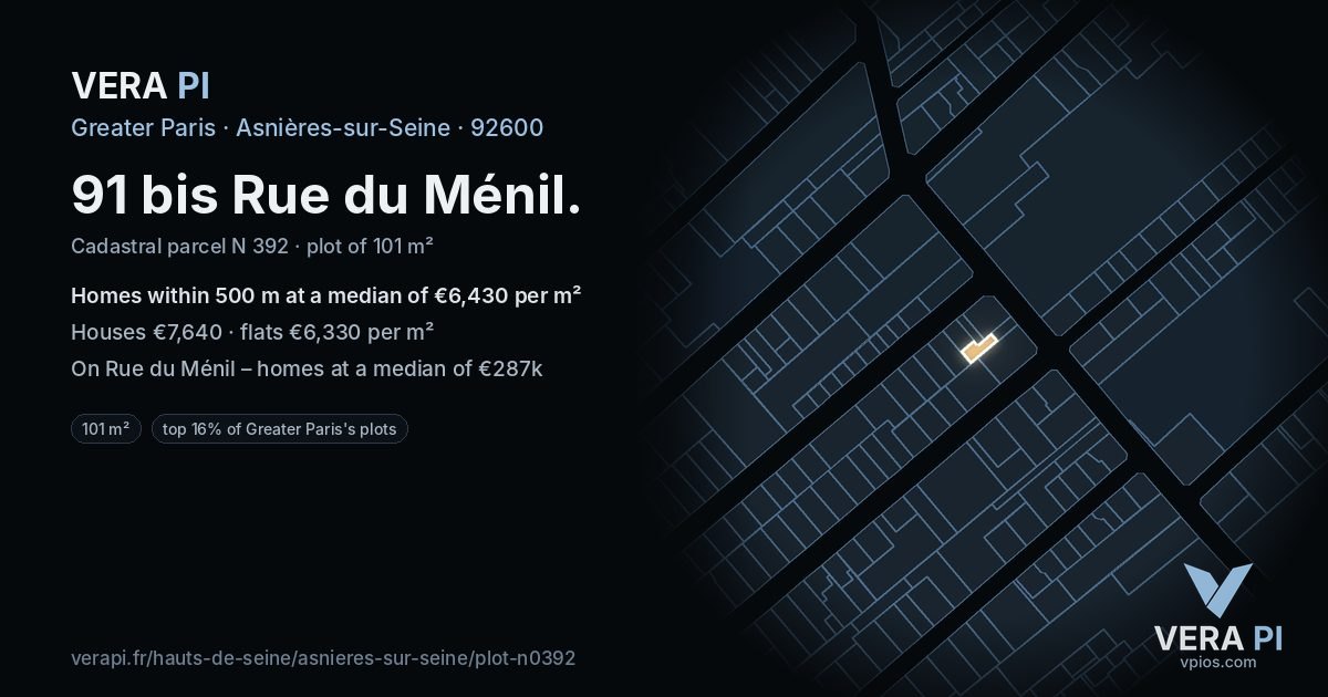 91 bis Rue du Ménil, Asnières-sur-Seine at night – the plot lit, the parcels around coloured by the prices near them