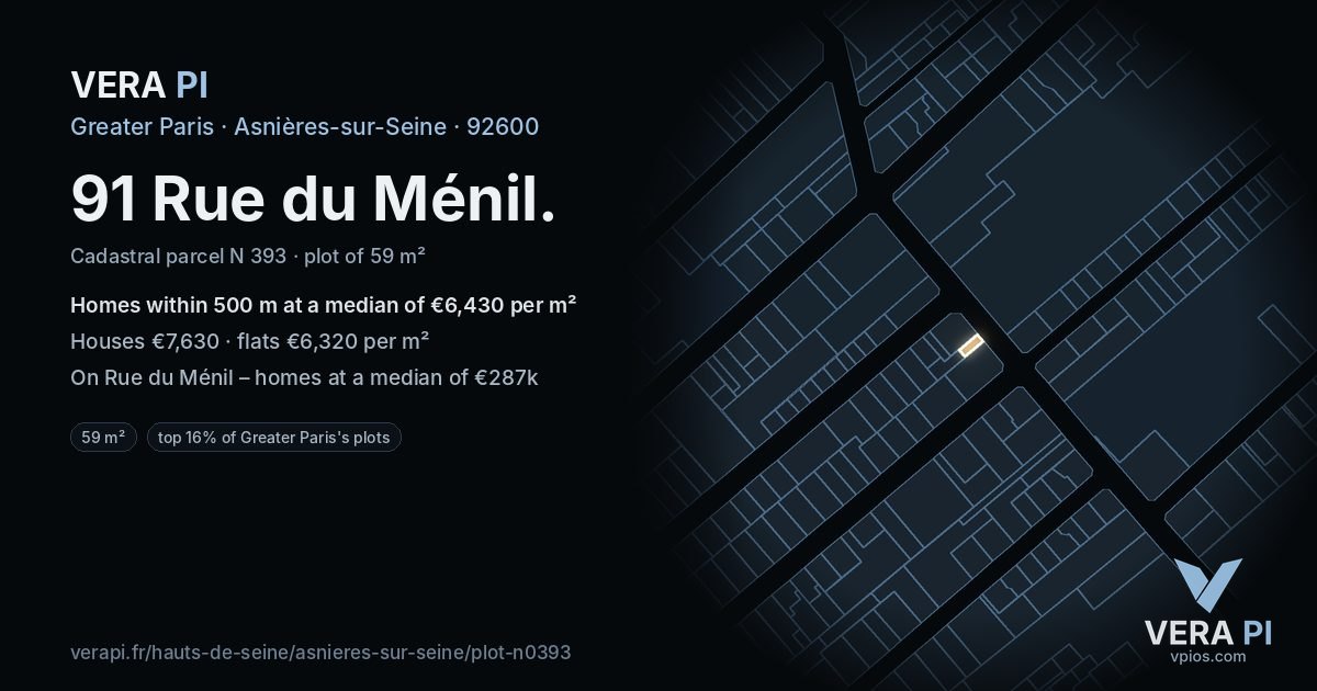 91 Rue du Ménil, Asnières-sur-Seine at night – the plot lit, the parcels around coloured by the prices near them