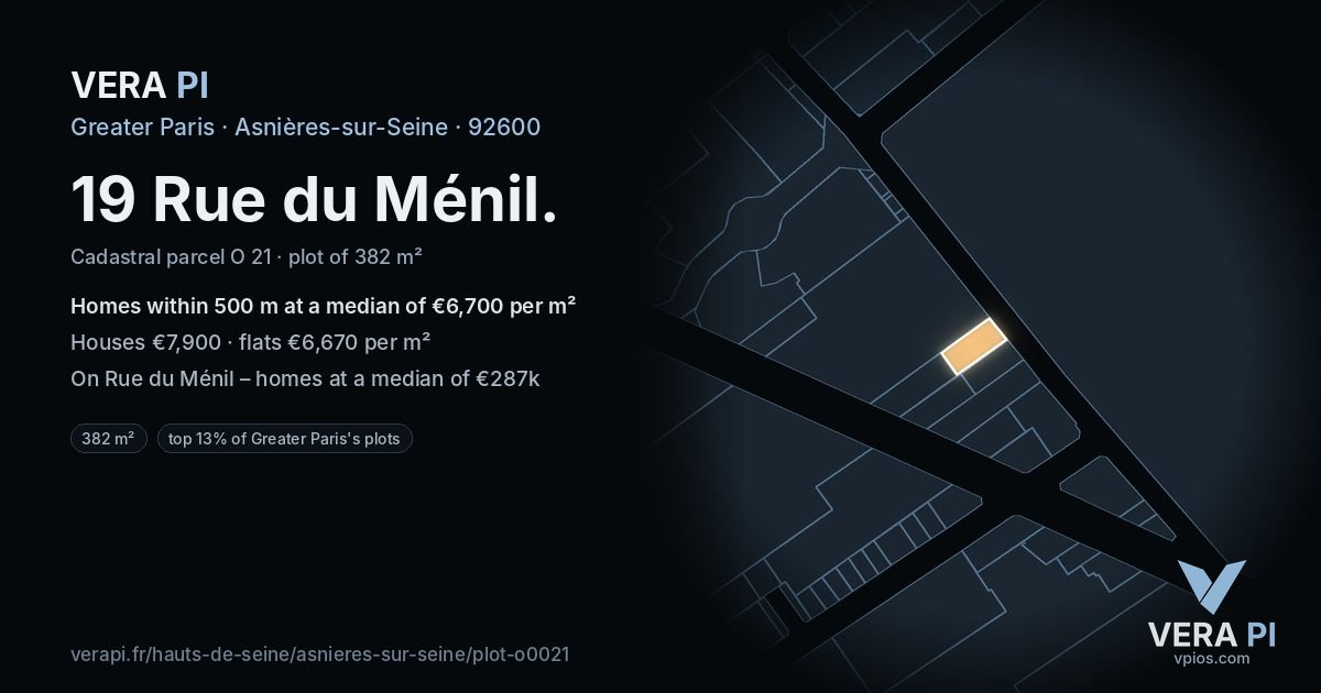 19 Rue du Ménil, Asnières-sur-Seine at night – the plot lit, the parcels around coloured by the prices near them