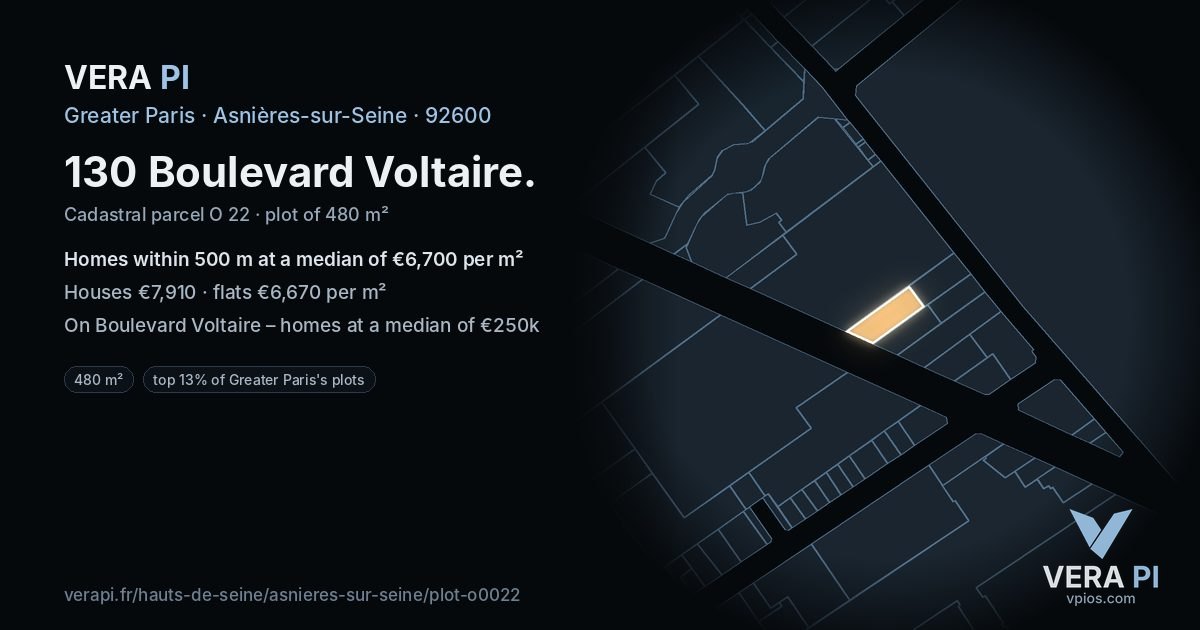 130 Boulevard Voltaire, Asnières-sur-Seine at night – the plot lit, the parcels around coloured by the prices near them