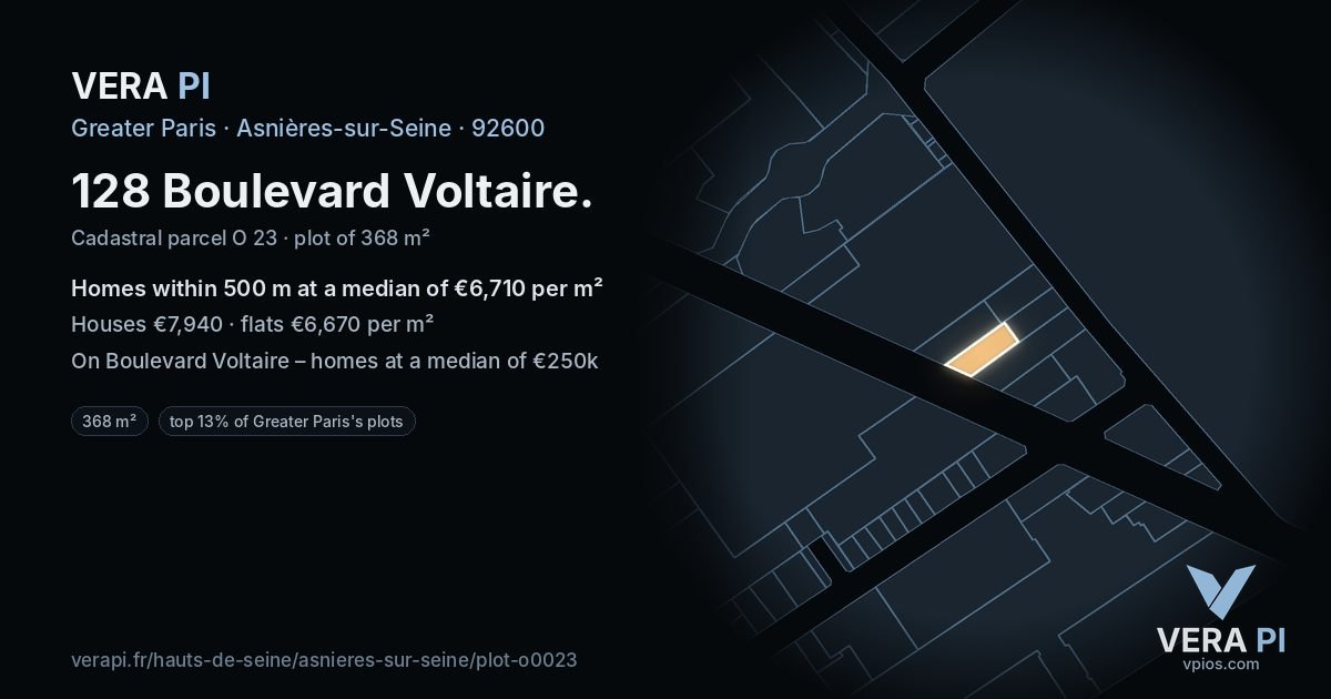 128 Boulevard Voltaire, Asnières-sur-Seine at night – the plot lit, the parcels around coloured by the prices near them