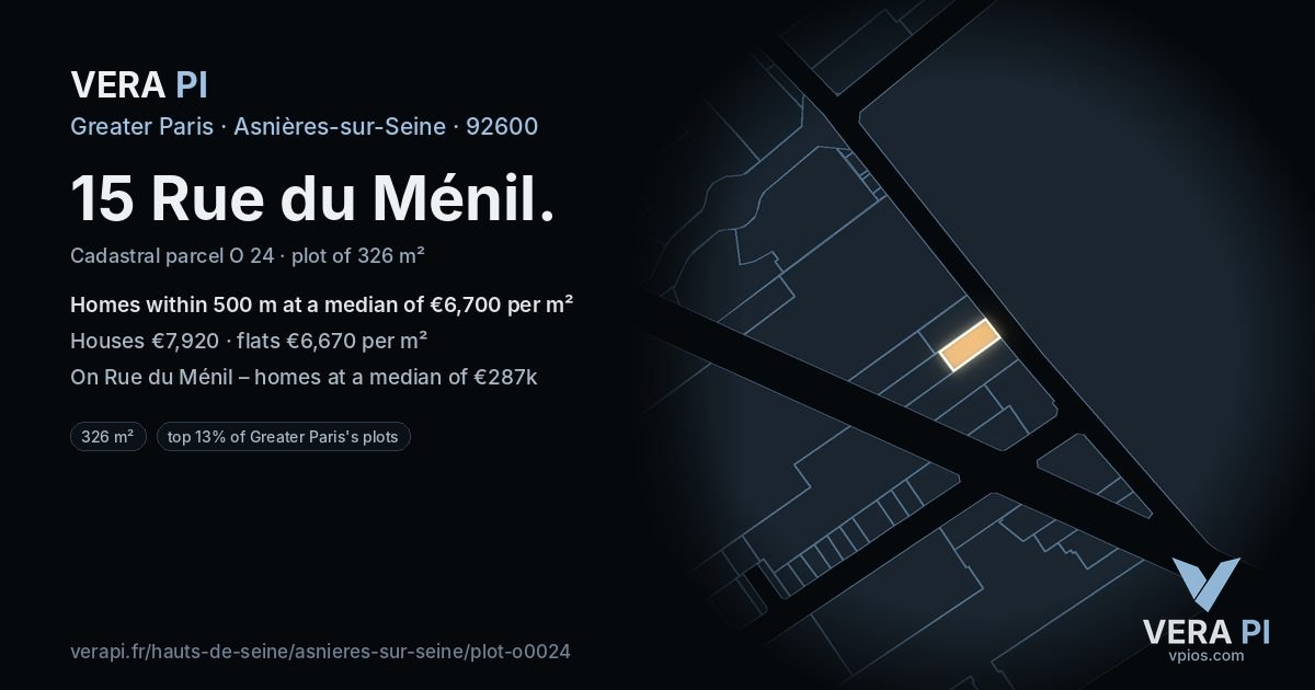 15 Rue du Ménil, Asnières-sur-Seine at night – the plot lit, the parcels around coloured by the prices near them