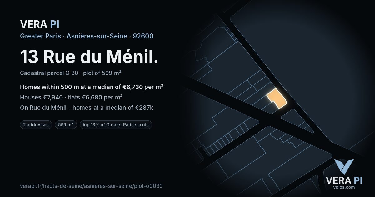 13 Rue du Ménil, Asnières-sur-Seine at night – the plot lit, the parcels around coloured by the prices near them