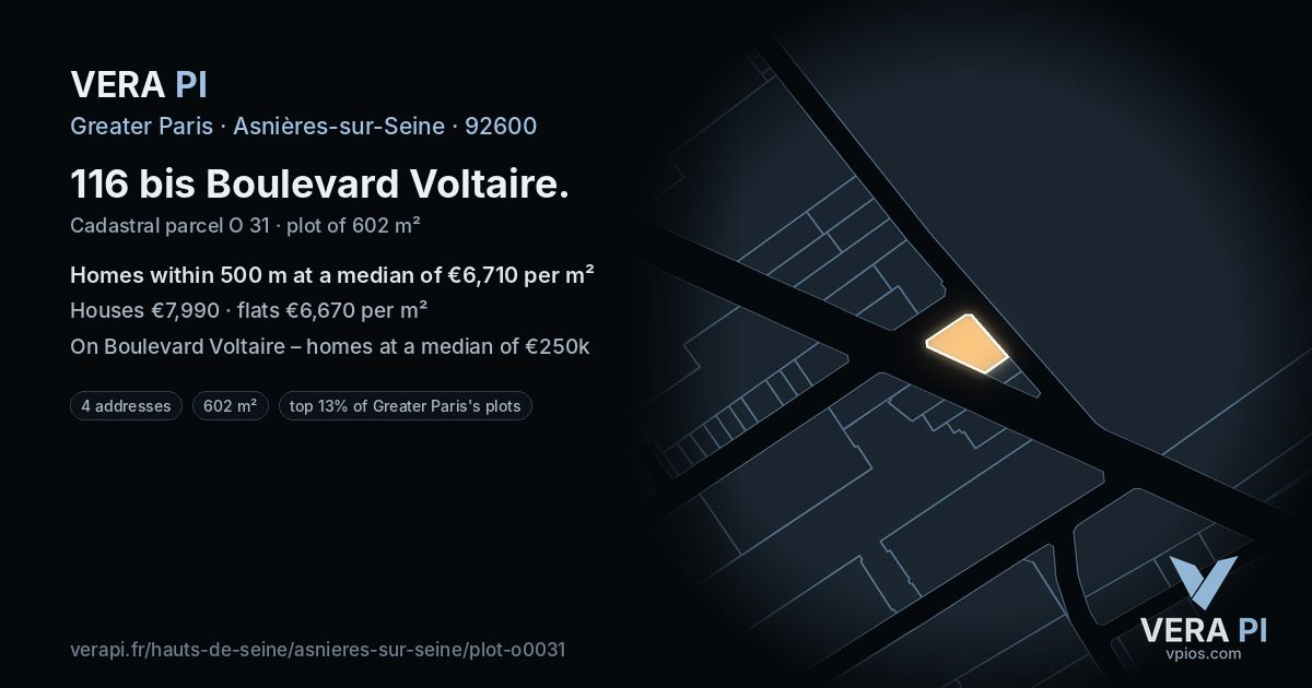116 bis Boulevard Voltaire, Asnières-sur-Seine at night – the plot lit, the parcels around coloured by the prices near them