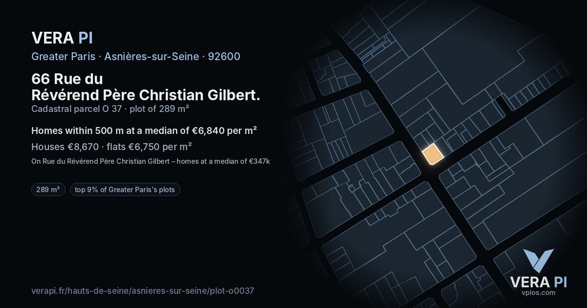 66 Rue du Révérend Père Christian Gilbert, Asnières-sur-Seine at night – the plot lit, the parcels around coloured by the prices near them
