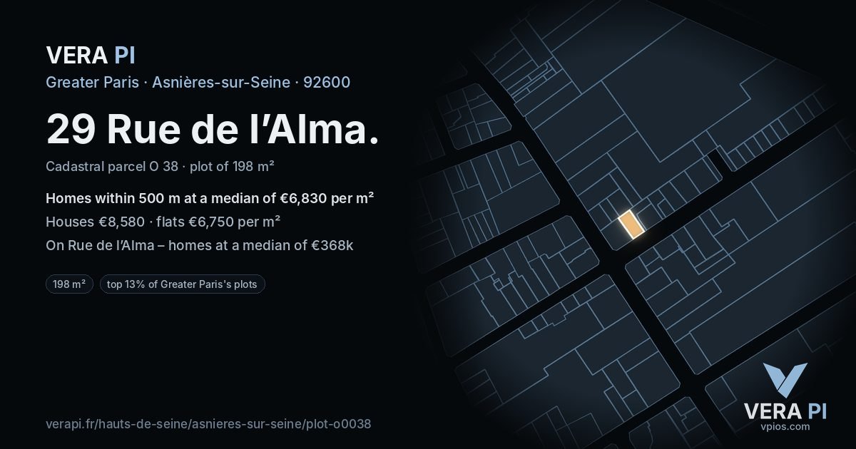 29 Rue de l’Alma, Asnières-sur-Seine at night – the plot lit, the parcels around coloured by the prices near them