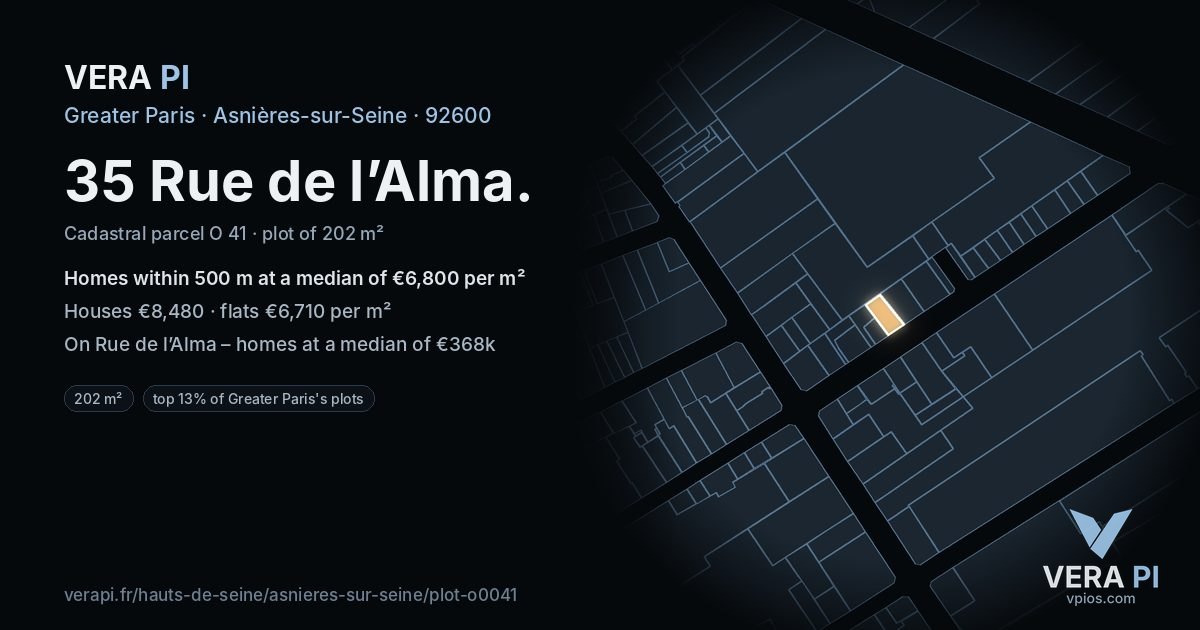 35 Rue de l’Alma, Asnières-sur-Seine at night – the plot lit, the parcels around coloured by the prices near them