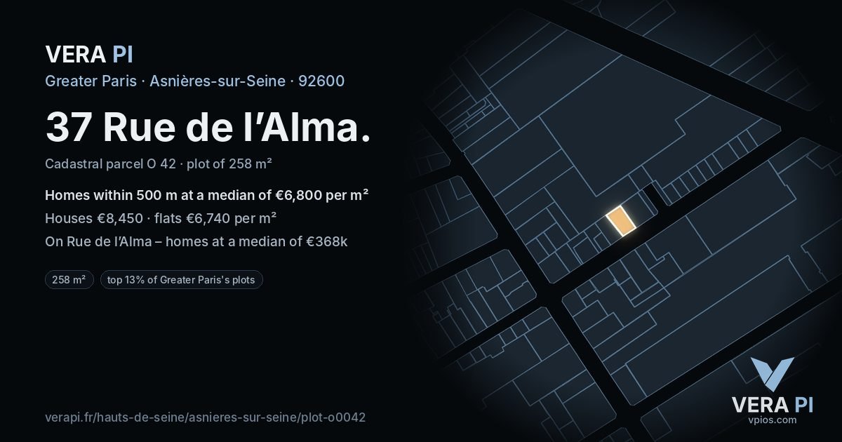 37 Rue de l’Alma, Asnières-sur-Seine at night – the plot lit, the parcels around coloured by the prices near them