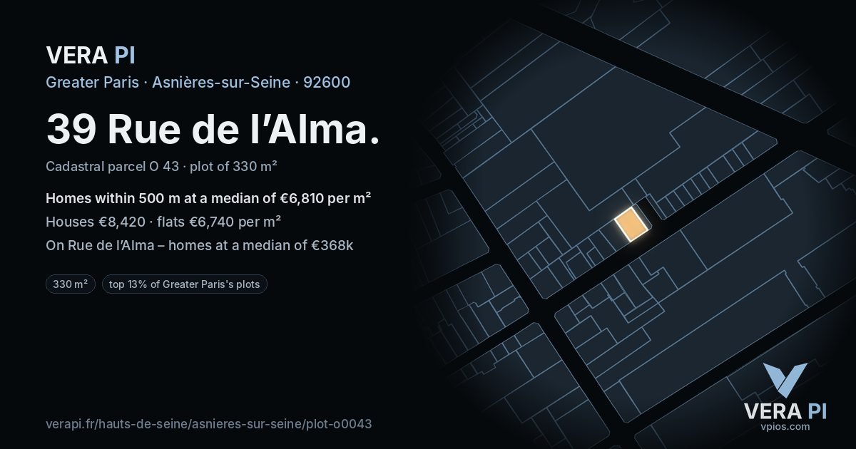 39 Rue de l’Alma, Asnières-sur-Seine at night – the plot lit, the parcels around coloured by the prices near them
