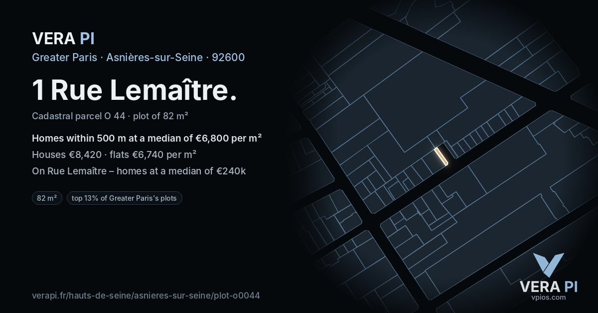1 Rue Lemaître, Asnières-sur-Seine at night – the plot lit, the parcels around coloured by the prices near them