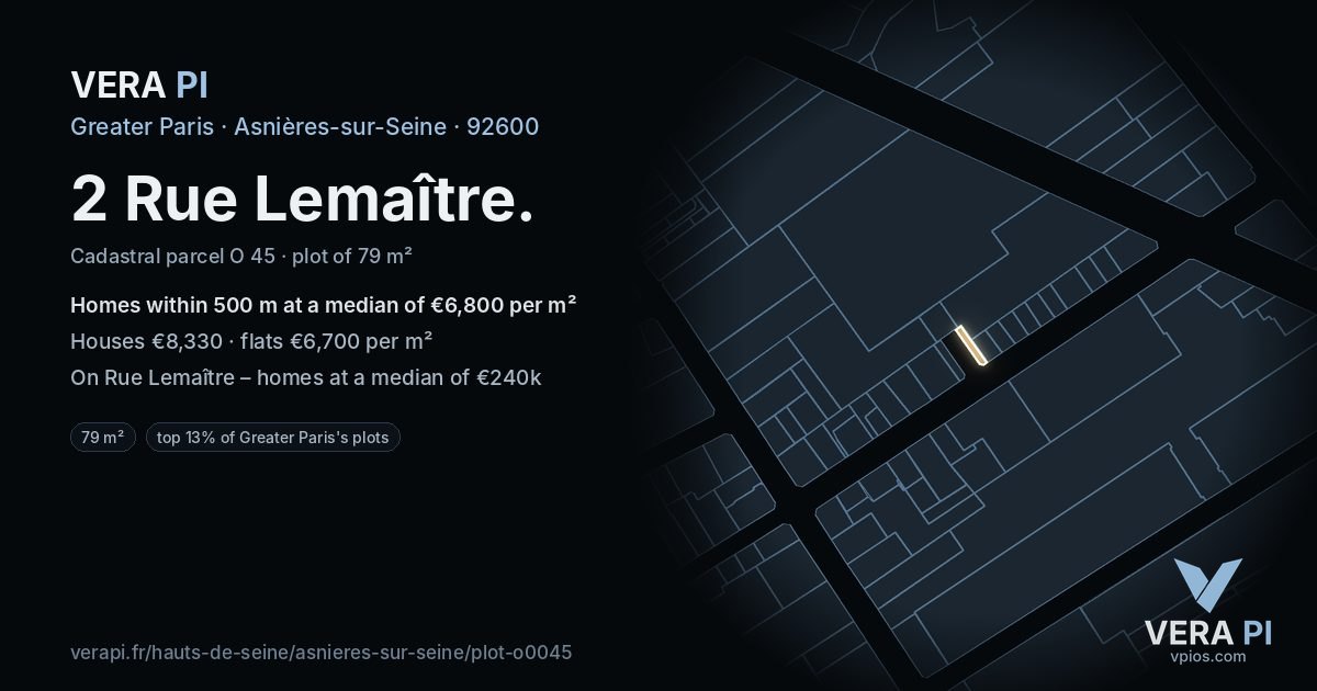 2 Rue Lemaître, Asnières-sur-Seine at night – the plot lit, the parcels around coloured by the prices near them