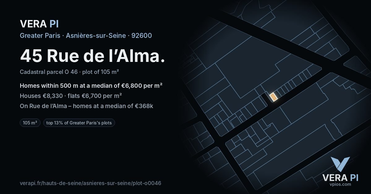 45 Rue de l’Alma, Asnières-sur-Seine at night – the plot lit, the parcels around coloured by the prices near them