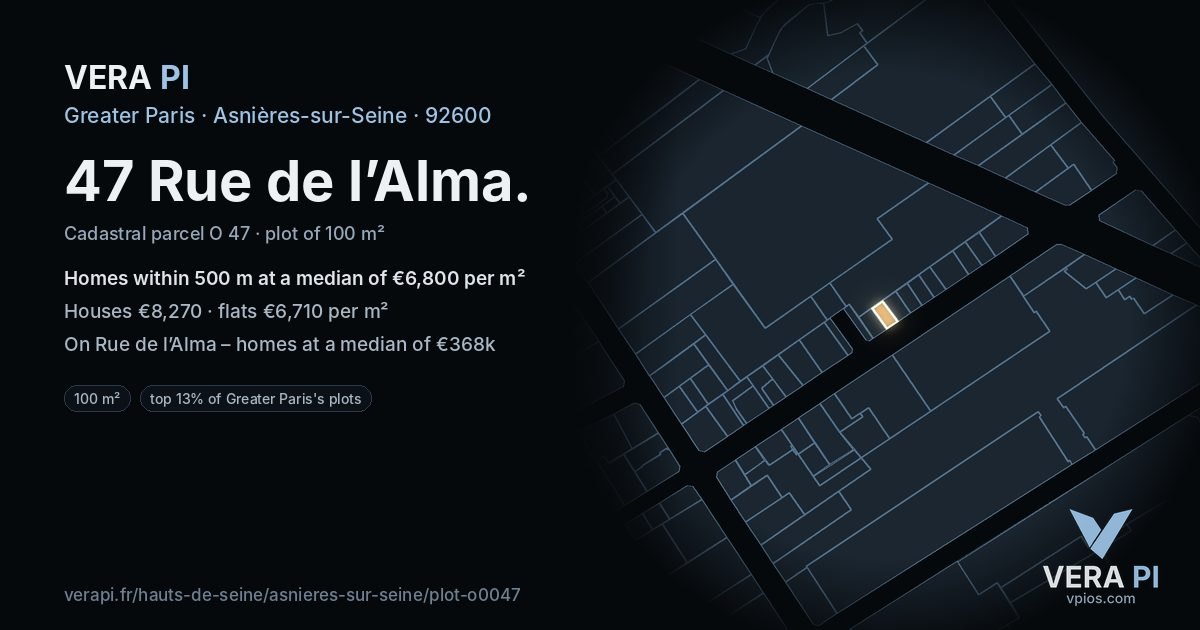 47 Rue de l’Alma, Asnières-sur-Seine at night – the plot lit, the parcels around coloured by the prices near them