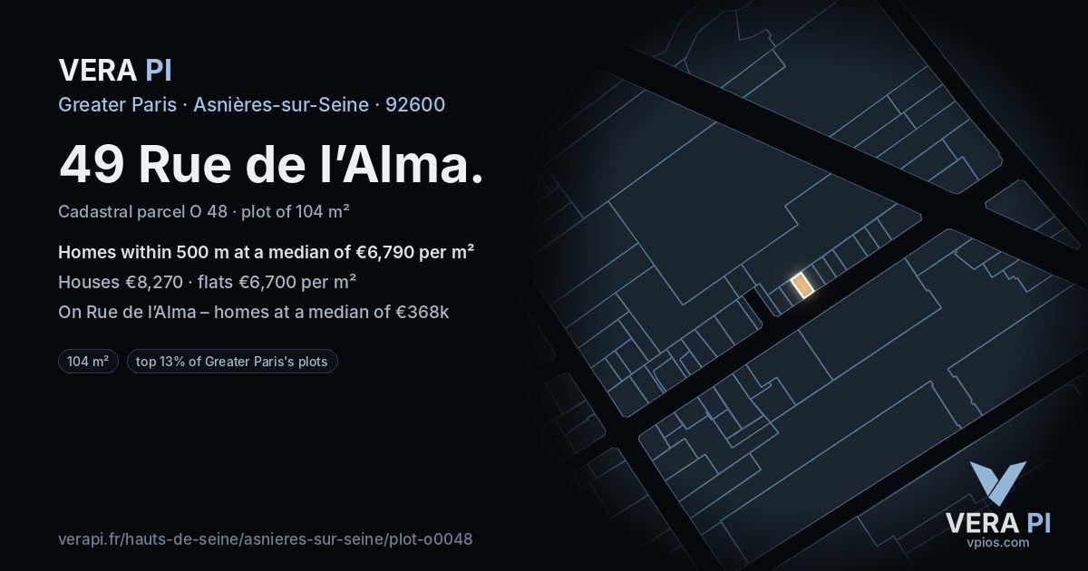 49 Rue de l’Alma, Asnières-sur-Seine at night – the plot lit, the parcels around coloured by the prices near them