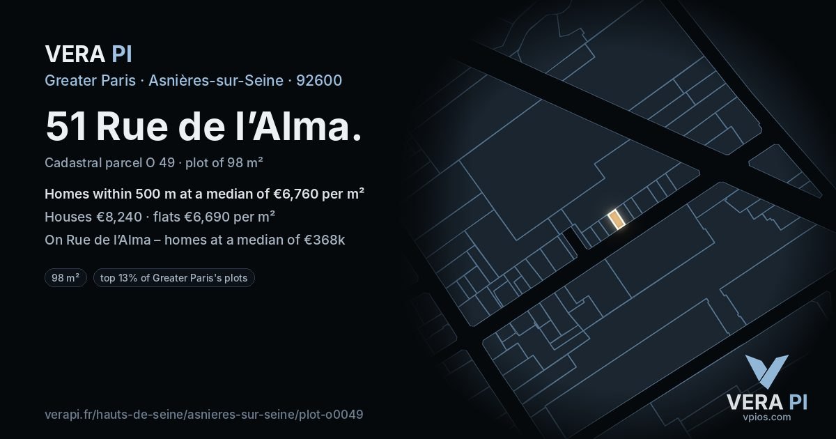 51 Rue de l’Alma, Asnières-sur-Seine at night – the plot lit, the parcels around coloured by the prices near them