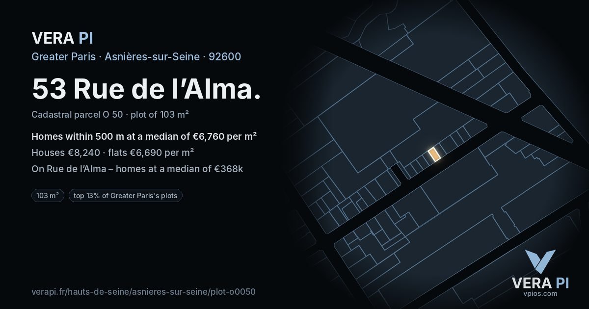 53 Rue de l’Alma, Asnières-sur-Seine at night – the plot lit, the parcels around coloured by the prices near them