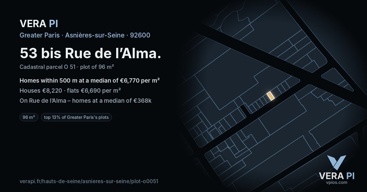 53 bis Rue de l’Alma, Asnières-sur-Seine at night – the plot lit, the parcels around coloured by the prices near them