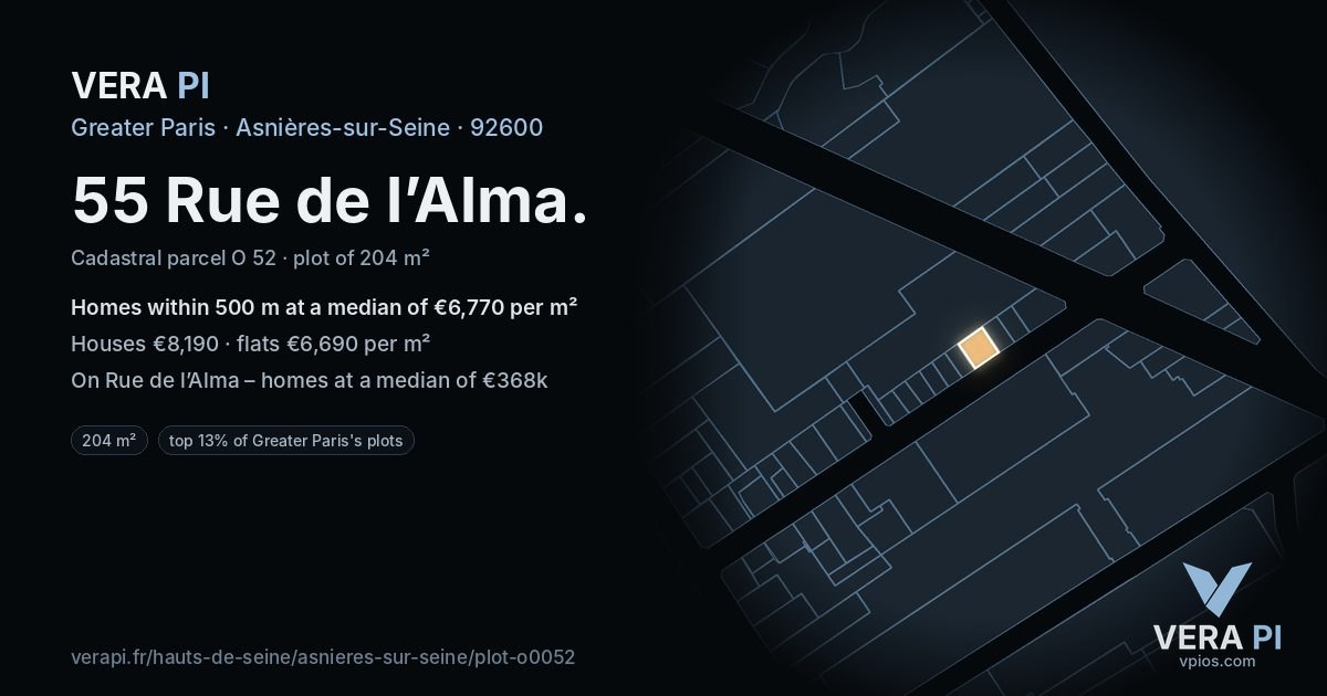 55 Rue de l’Alma, Asnières-sur-Seine at night – the plot lit, the parcels around coloured by the prices near them