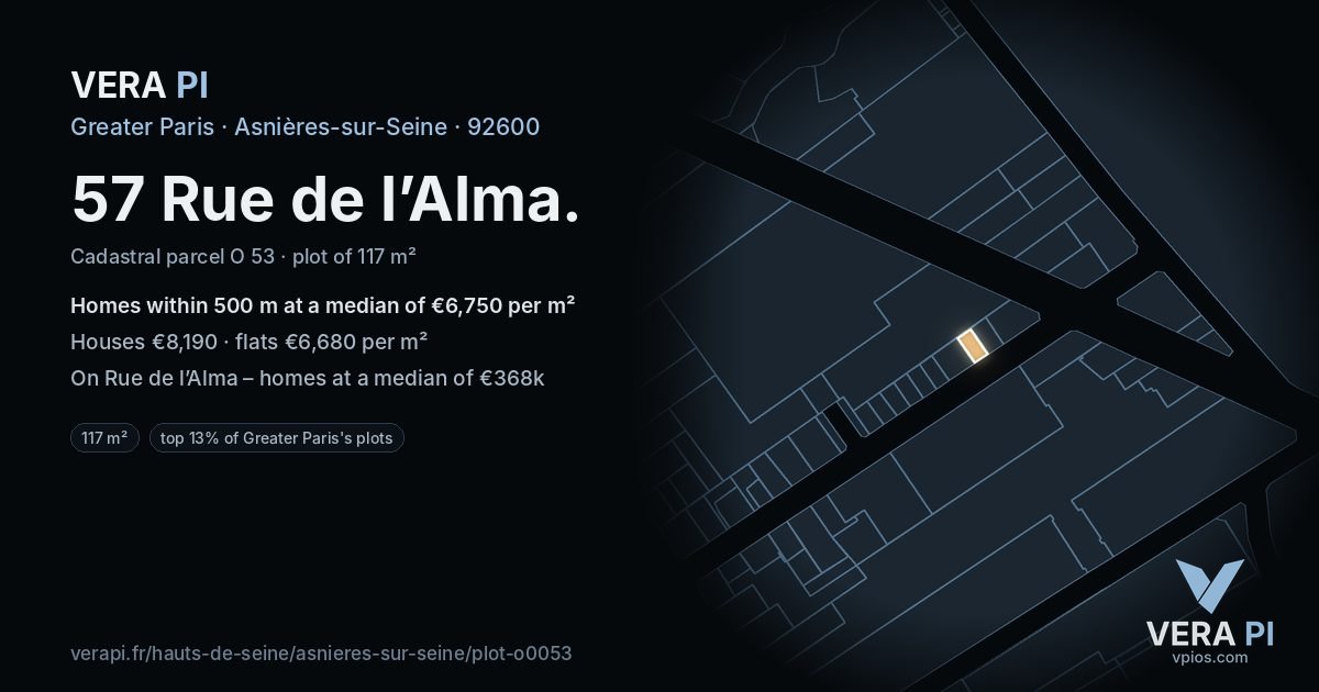 57 Rue de l’Alma, Asnières-sur-Seine at night – the plot lit, the parcels around coloured by the prices near them