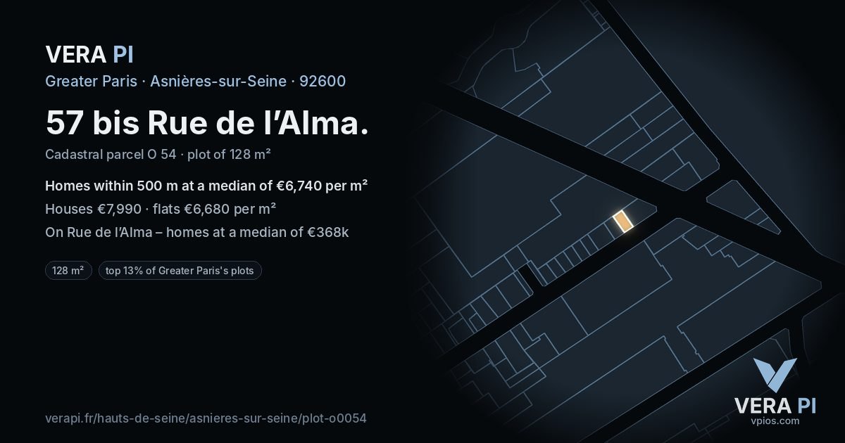 57 bis Rue de l’Alma, Asnières-sur-Seine at night – the plot lit, the parcels around coloured by the prices near them