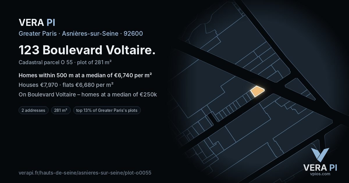 123 Boulevard Voltaire, Asnières-sur-Seine at night – the plot lit, the parcels around coloured by the prices near them