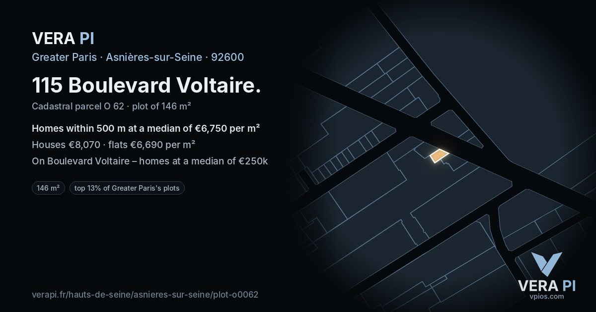 115 Boulevard Voltaire, Asnières-sur-Seine at night – the plot lit, the parcels around coloured by the prices near them