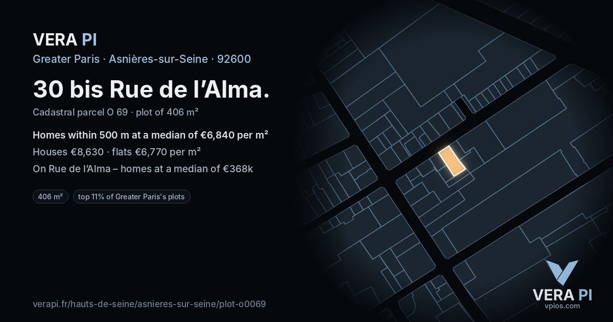30 bis Rue de l’Alma, Asnières-sur-Seine at night – the plot lit, the parcels around coloured by the prices near them