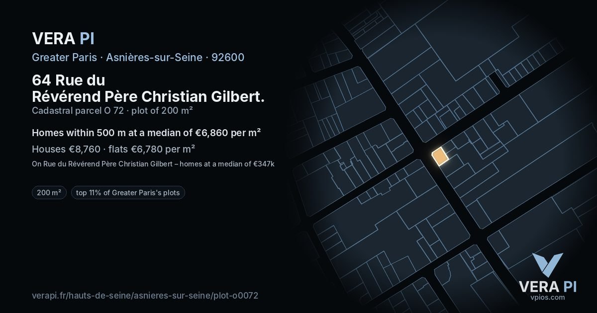 64 Rue du Révérend Père Christian Gilbert, Asnières-sur-Seine at night – the plot lit, the parcels around coloured by the prices near them