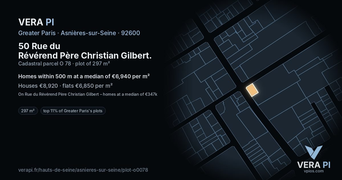 50 Rue du Révérend Père Christian Gilbert, Asnières-sur-Seine at night – the plot lit, the parcels around coloured by the prices near them