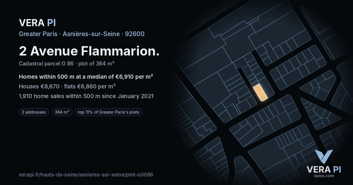 2 Avenue Flammarion, Asnières-sur-Seine at night – the plot lit, the parcels around coloured by the prices near them