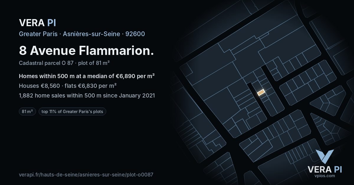 8 Avenue Flammarion, Asnières-sur-Seine at night – the plot lit, the parcels around coloured by the prices near them