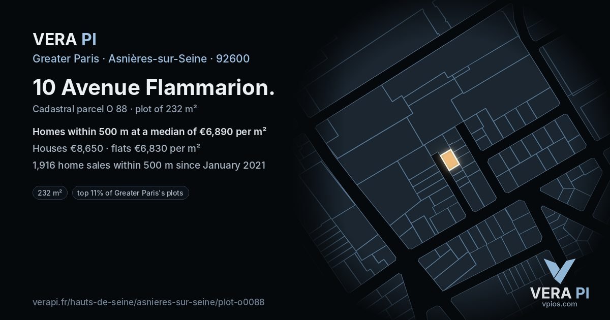 10 Avenue Flammarion, Asnières-sur-Seine at night – the plot lit, the parcels around coloured by the prices near them