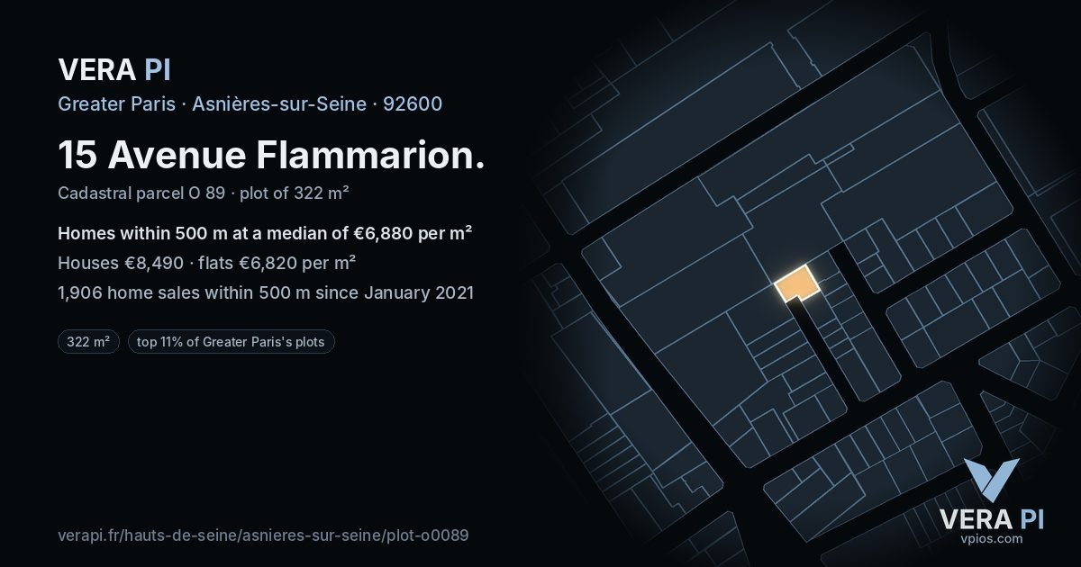 15 Avenue Flammarion, Asnières-sur-Seine at night – the plot lit, the parcels around coloured by the prices near them