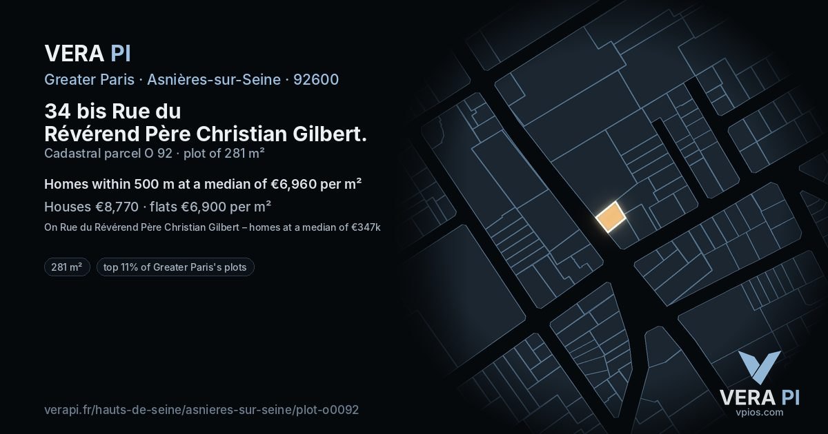 34 bis Rue du Révérend Père Christian Gilbert, Asnières-sur-Seine at night – the plot lit, the parcels around coloured by the prices near them