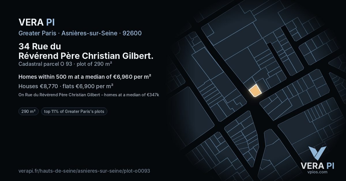 34 Rue du Révérend Père Christian Gilbert, Asnières-sur-Seine at night – the plot lit, the parcels around coloured by the prices near them