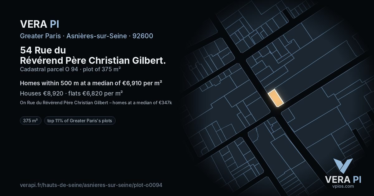 54 Rue du Révérend Père Christian Gilbert, Asnières-sur-Seine at night – the plot lit, the parcels around coloured by the prices near them