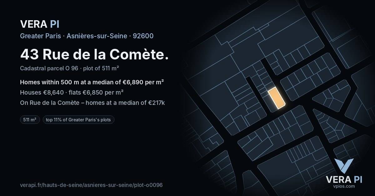 43 Rue de la Comète, Asnières-sur-Seine at night – the plot lit, the parcels around coloured by the prices near them