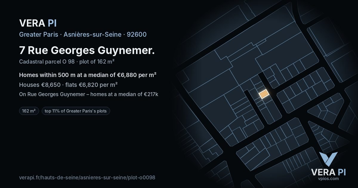 7 Rue Georges Guynemer, Asnières-sur-Seine at night – the plot lit, the parcels around coloured by the prices near them