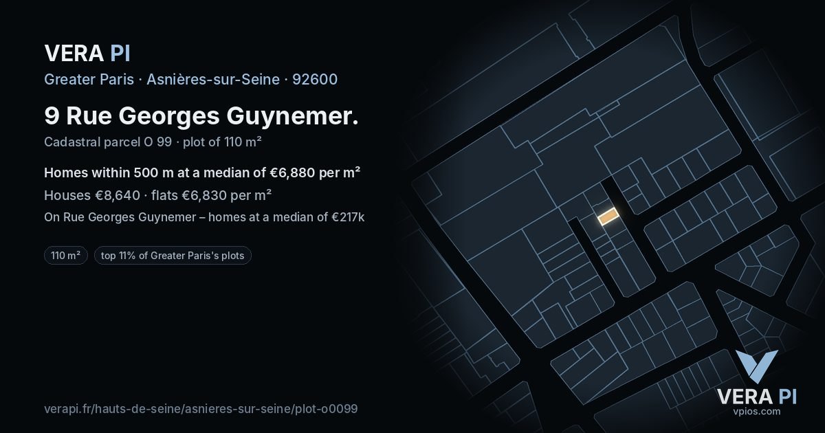 9 Rue Georges Guynemer, Asnières-sur-Seine at night – the plot lit, the parcels around coloured by the prices near them