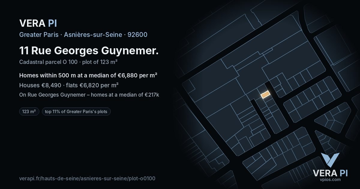11 Rue Georges Guynemer, Asnières-sur-Seine at night – the plot lit, the parcels around coloured by the prices near them