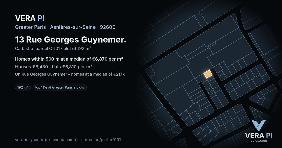 13 Rue Georges Guynemer, Asnières-sur-Seine at night – the plot lit, the parcels around coloured by the prices near them