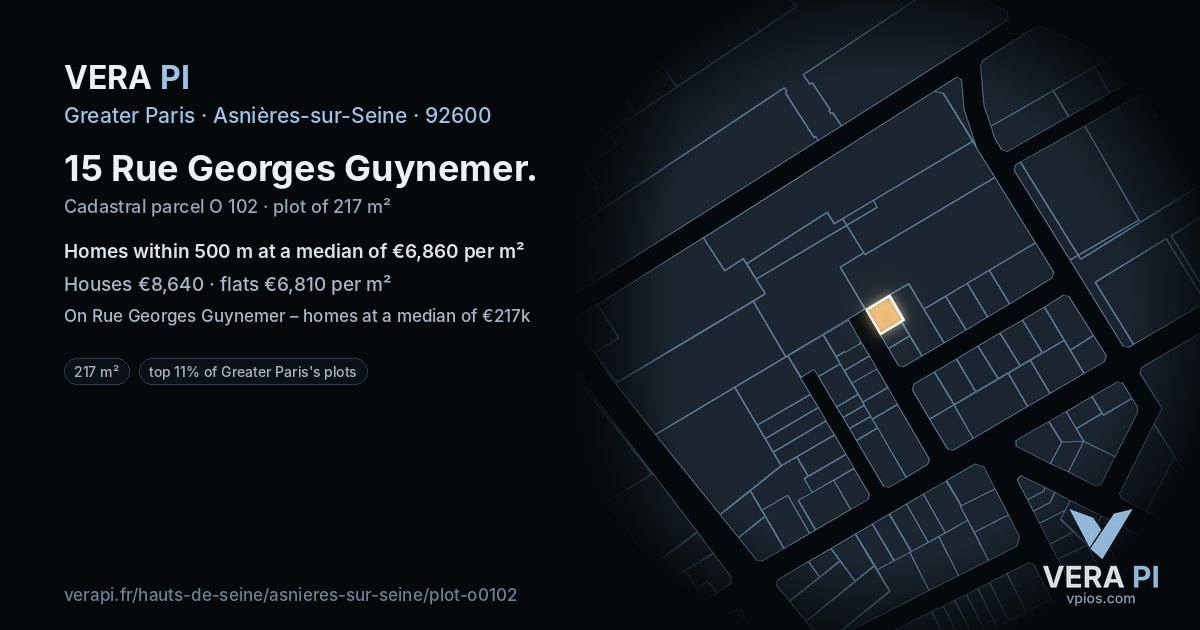 15 Rue Georges Guynemer, Asnières-sur-Seine at night – the plot lit, the parcels around coloured by the prices near them