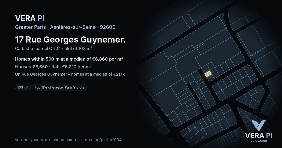 17 Rue Georges Guynemer, Asnières-sur-Seine at night – the plot lit, the parcels around coloured by the prices near them