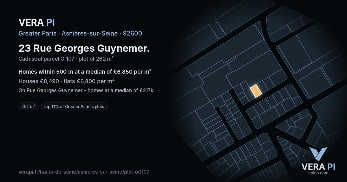 23 Rue Georges Guynemer, Asnières-sur-Seine at night – the plot lit, the parcels around coloured by the prices near them