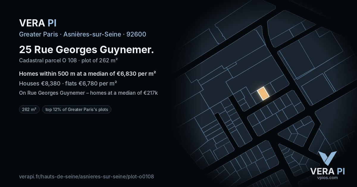 25 Rue Georges Guynemer, Asnières-sur-Seine at night – the plot lit, the parcels around coloured by the prices near them
