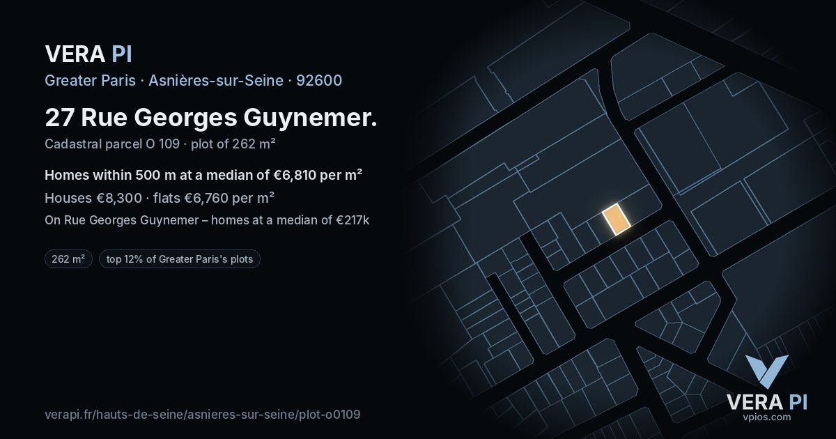 27 Rue Georges Guynemer, Asnières-sur-Seine at night – the plot lit, the parcels around coloured by the prices near them
